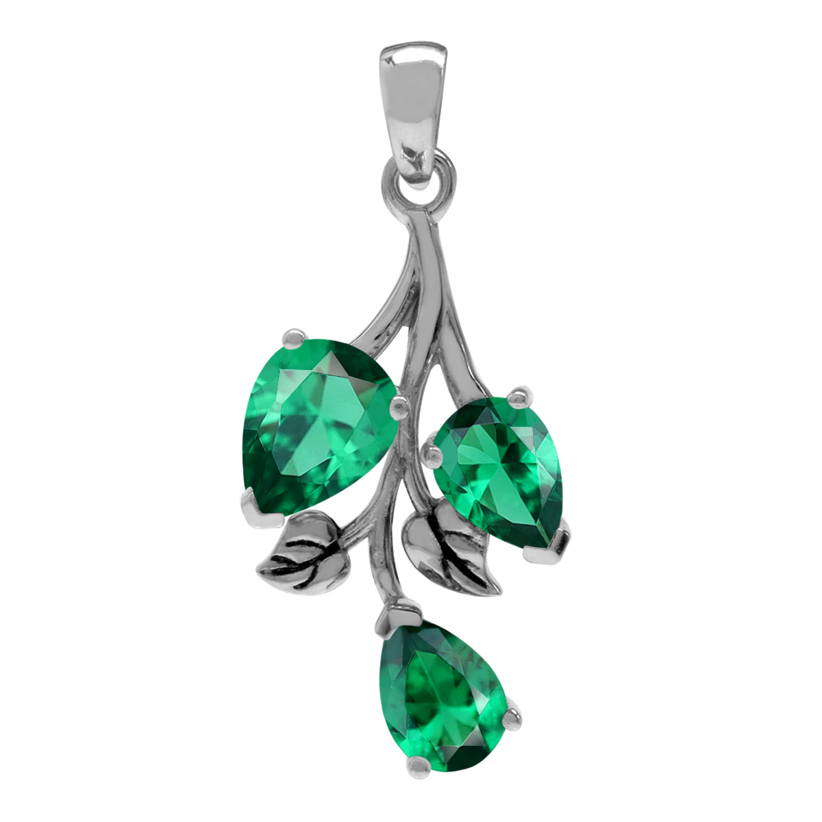 Created Pear Shape Nano Green Emerald 925 Sterling Silver Leaf Vintage Inspired Pendant May Gemstone Birthstone Jewelry for Women - Silvershake-store
