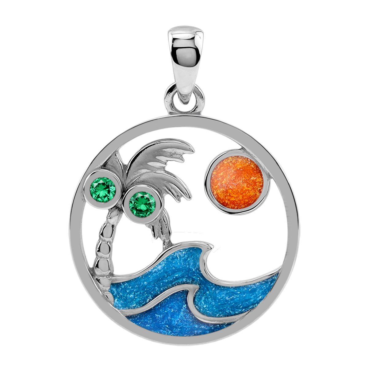 Silvershake Created Nano Green Emerald and Enamel White Gold Plated 925 Sterling Silver Scroll / Filigree Coconut / Palm Tree Ocean Wave Circle Pendant Jewelry for Women - Silvershake-store