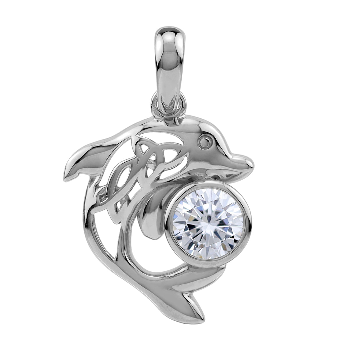 Silvershake 6MM Round Shape Cubic Zirconia White Gold Plated 925 Sterling Silver Scroll / Filigree Triquetra Celtic Knot Dolphin Sealife Casual Pendant April Gemstone Birthstone Jewelry for Women - Silvershake-store