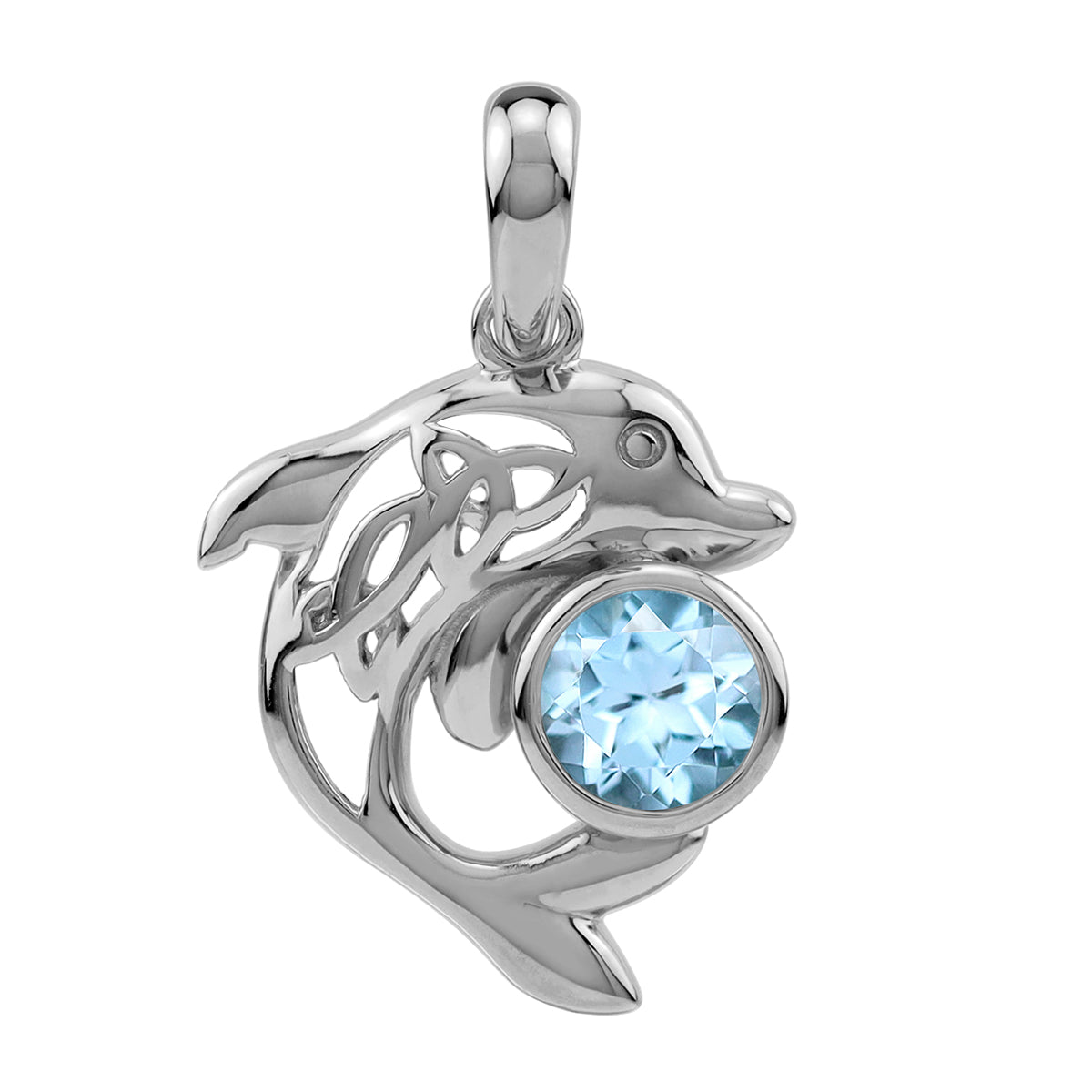 Silvershake 1 CTW 6MM Genuine Round Shape Blue Topaz White Gold Plated 925 Sterling Silver Scroll / Filigree Triquetra Celtic Knot Dolphin Sealife Casual Pendant December Gemstone Birthstone - Silvershake-store