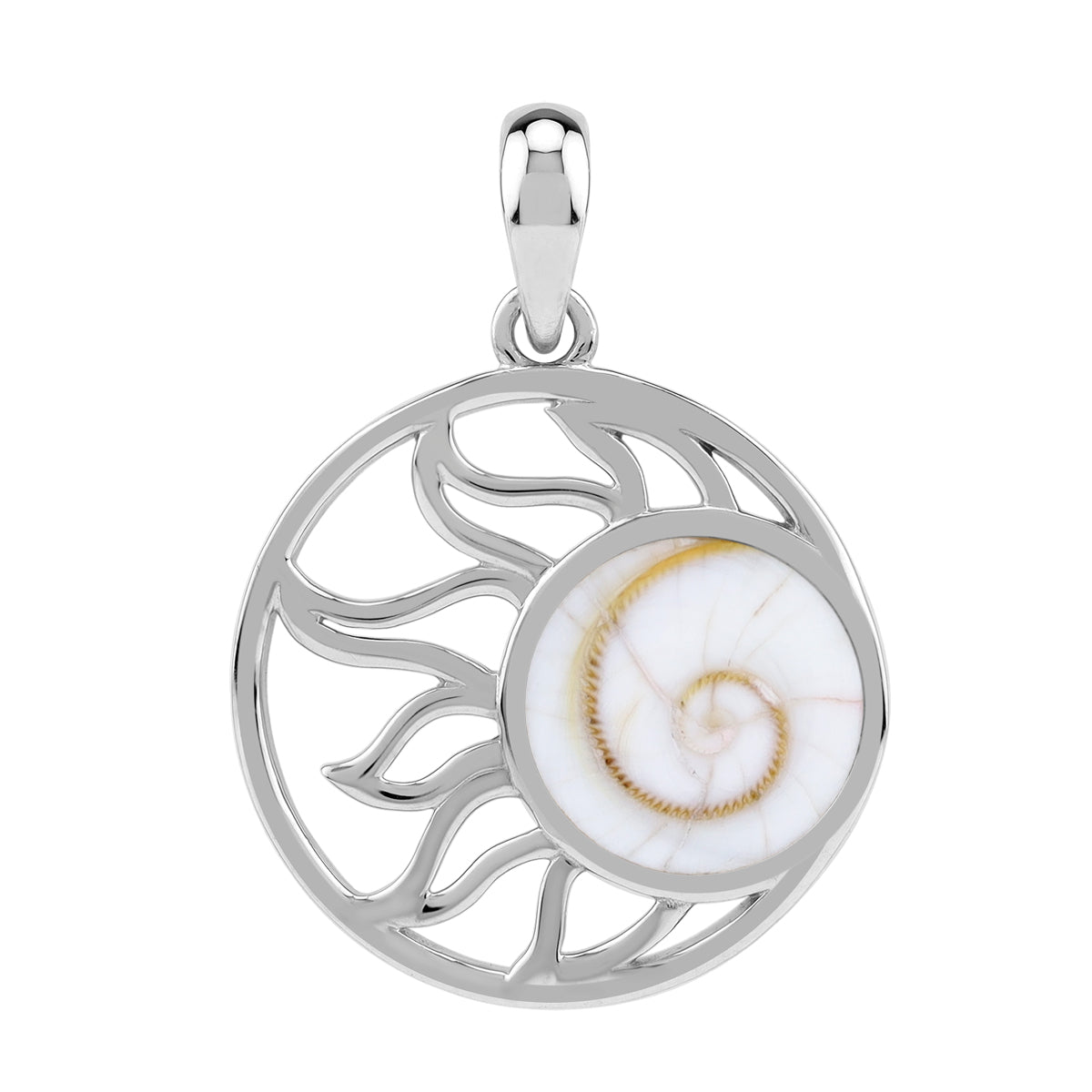 Silvershake Shiva Shell Inlay White Gold Plated 925 Sterling Silver Scroll / Filigree Sun Ray Inspired Circle Pendant Jewelry for Women - Silvershake-store