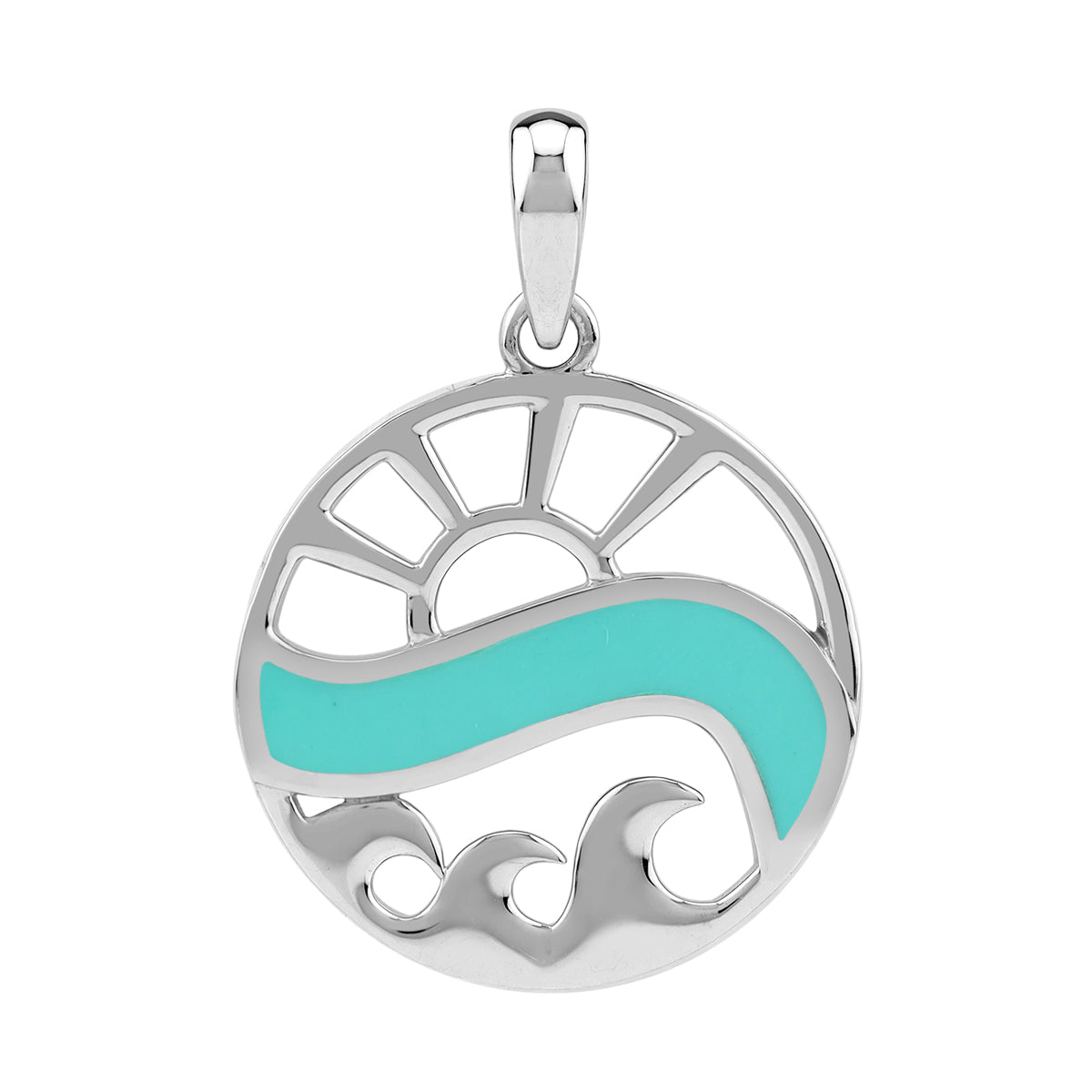 Silvershake Created Green Turquoise Inlay White Gold Plated 925 Sterling Silver Scroll / Filigree Sunrise to Sunset Ocean Wave Circle Pendant Jewelry for Women - Silvershake-store