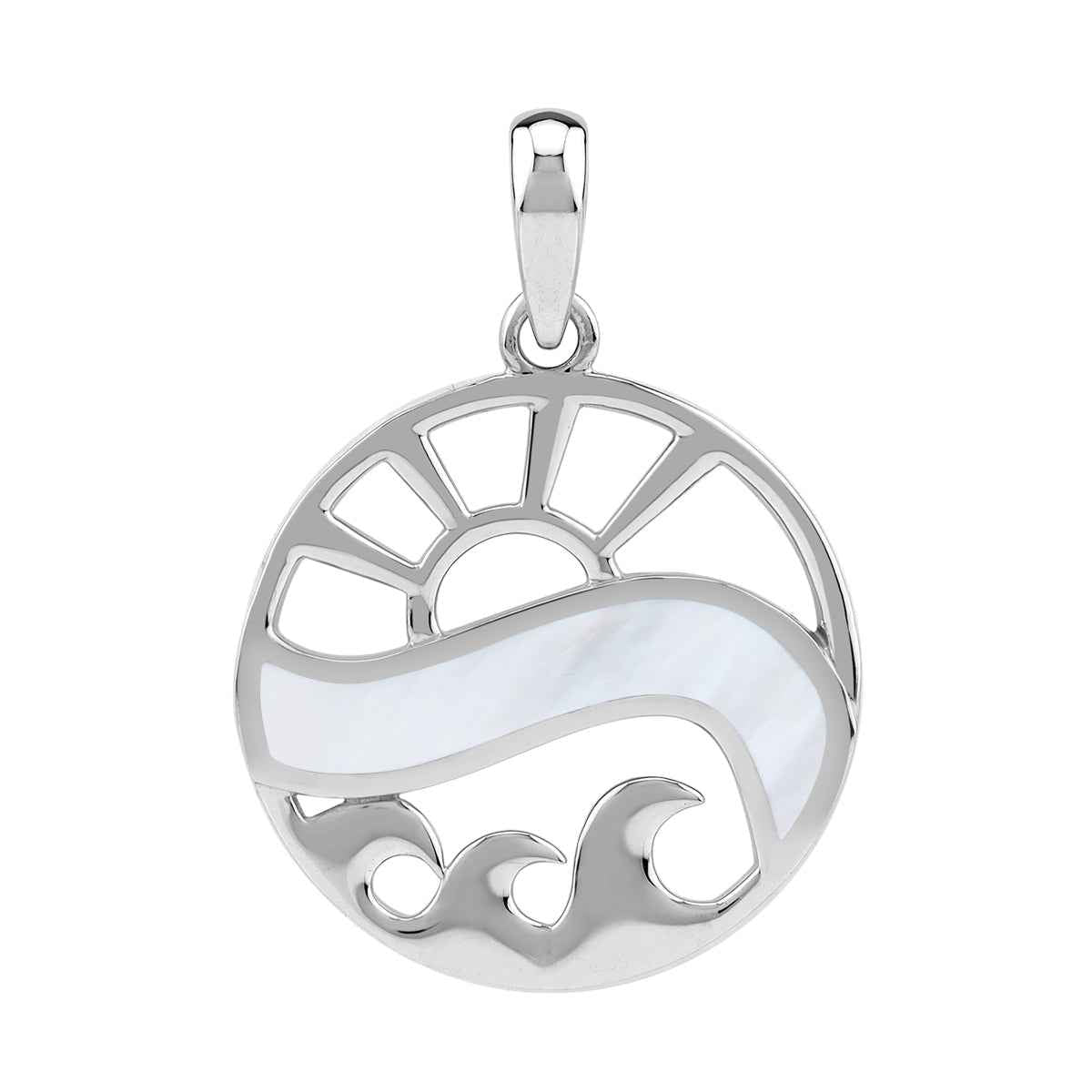 Mother Of Pearl Inlay White Gold Plated 925 Sterling Silver Scroll / Filigree Sunrise to Sunset Ocean Wave Circle Pendant