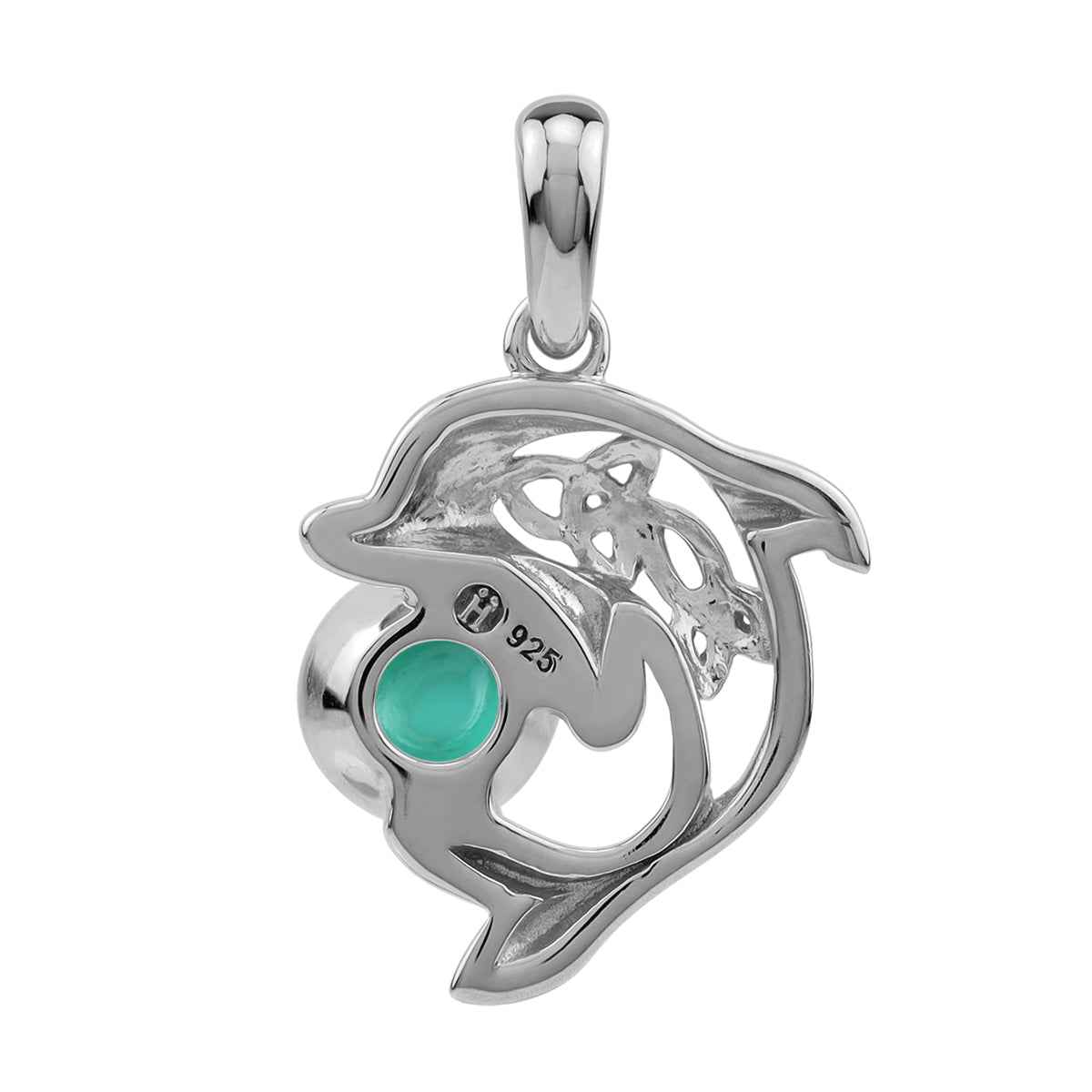6MM Created Round Shape Green Turquoise Inlay White Gold Plated 925 Sterling Silver Scroll / Filigree Triquetra Celtic Knot Dolphin Sealife Casual Pendant