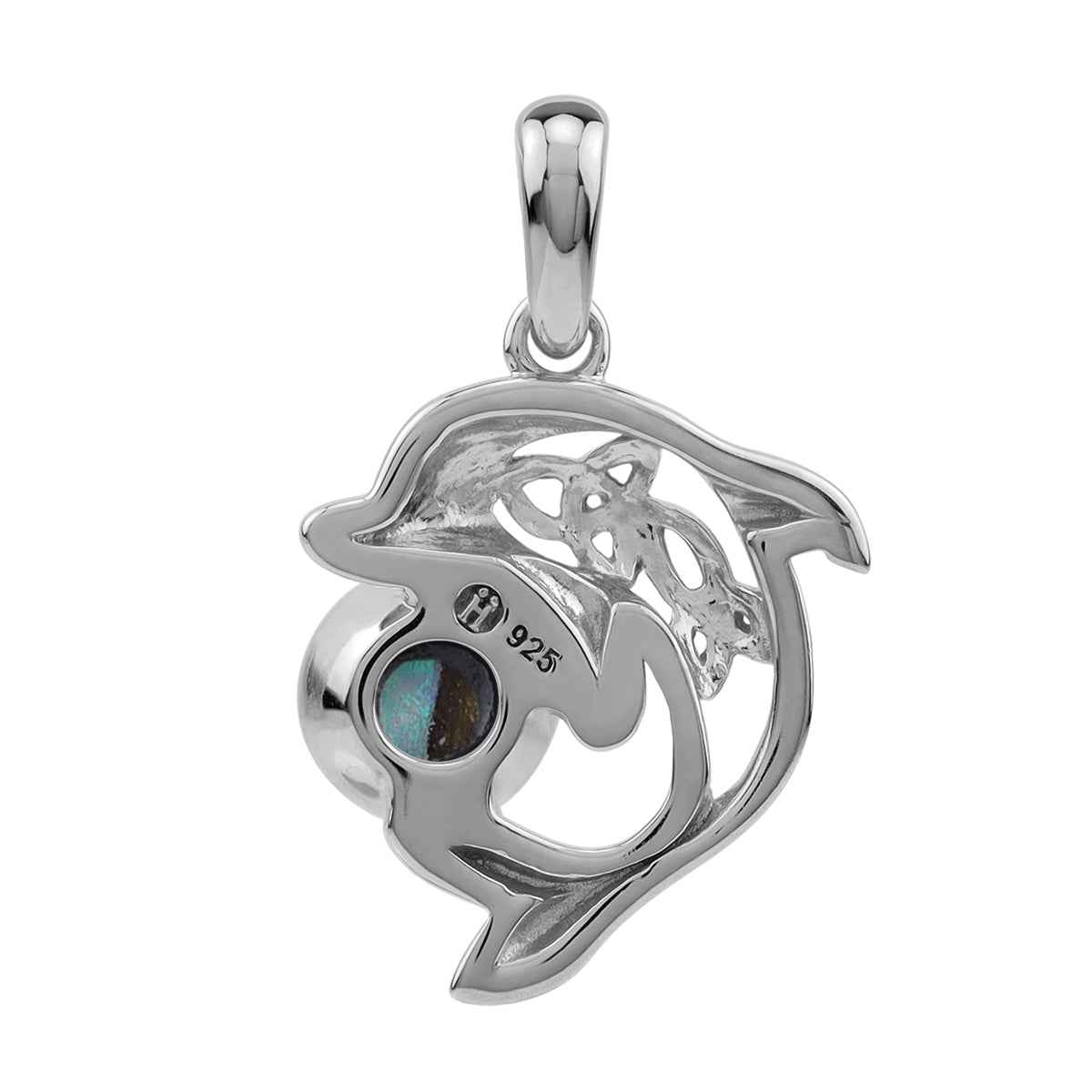 6MM Round Shape Abalone Paua Shell Inlay White Gold Plated 925 Sterling Silver Scroll / Filigree Triquetra Celtic Knot Dolphin Sealife Casual Pendant