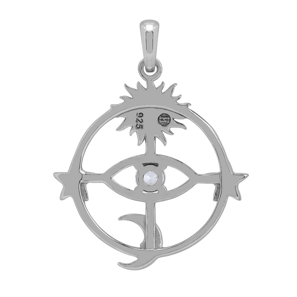 Cubic Zirconia White Gold Plated 925 Sterling Silver Fashion Evil Eye, Star, Sun and Crescent Moon Face Circle Pendant