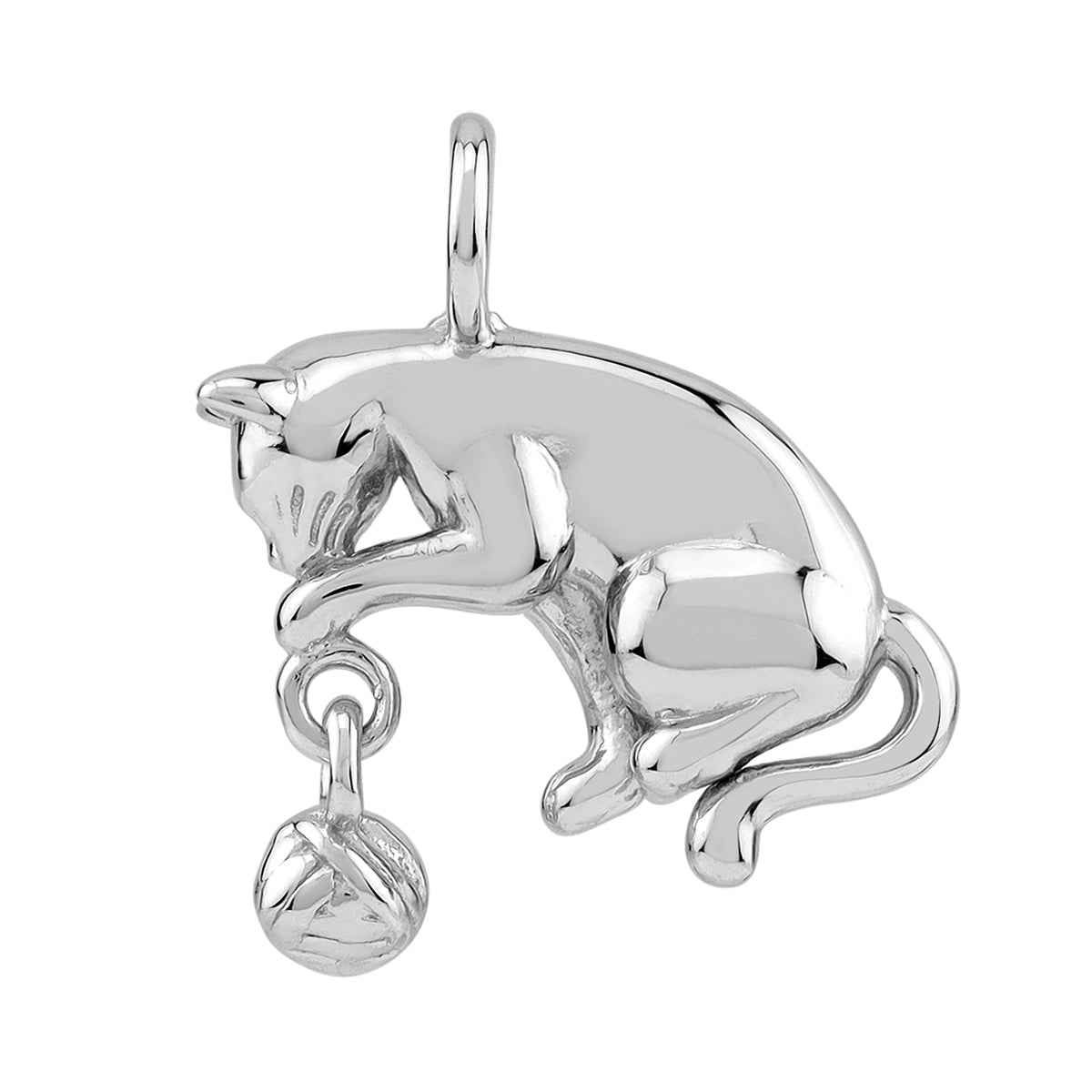 White Gold Plated 925 Sterling Silver Cat with Ball Casual Charm Pendant