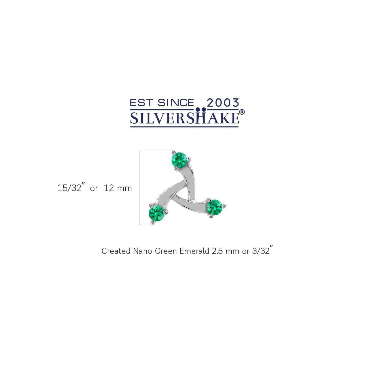 12MM 3-Stone Created Nano Green Emerald White Gold Plated 925 Sterling Silver Trendy Chic Triangle Design Pendant