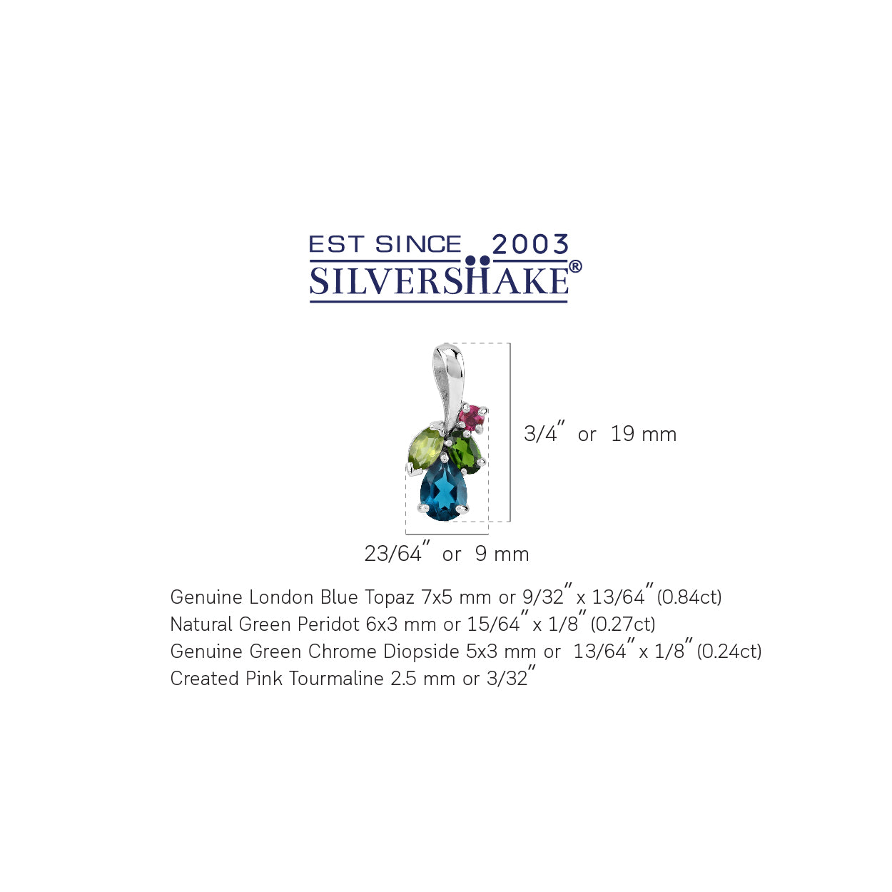 Genuine London Blue Topaz, Green Peridot, Chrome Diopside and Pink Tourmaline White Gold Plated 925 Sterling Silver Flower Gemstone Pendant Jewelry for Women - Silvershake-store