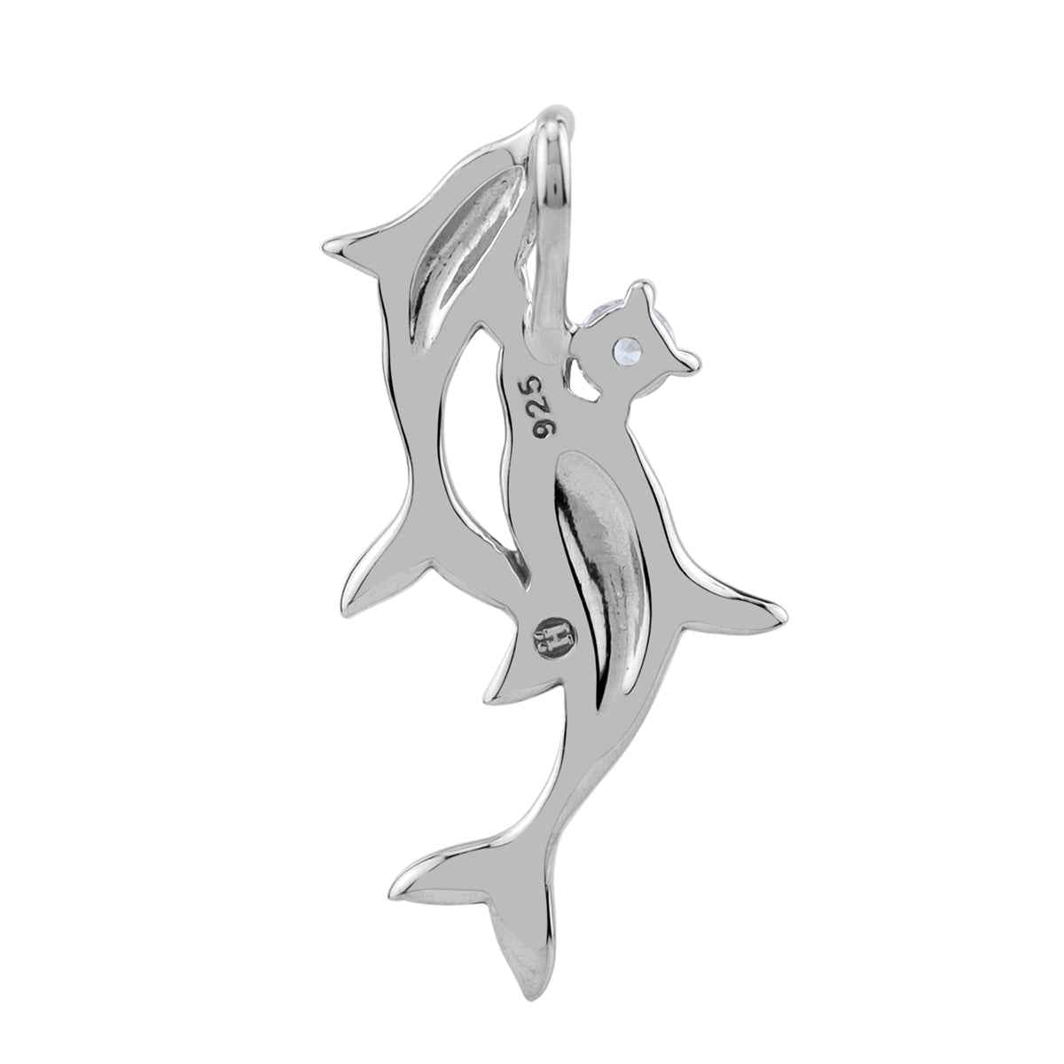 Round Shape Cubic Zirconia White Gold Plated 925 Sterling Silver Twin Dolphin Sealife Casual Pendant