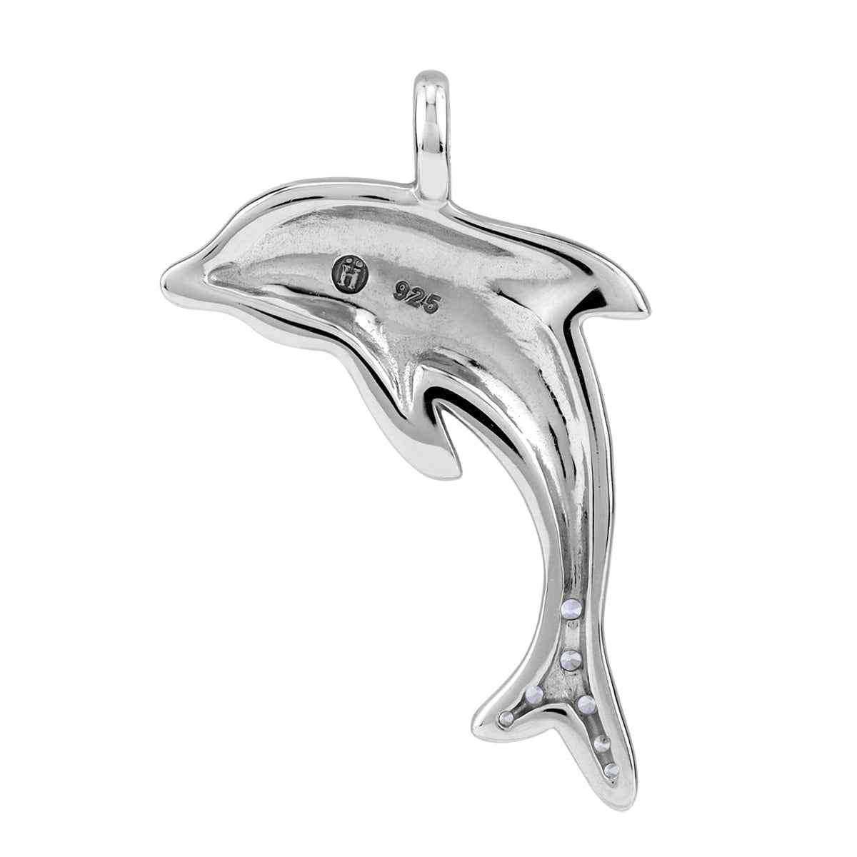 Cubic Zirconia and Blue Enamel White Gold Plated 925 Sterling Silver Dolphin Sealife Casual Pendant