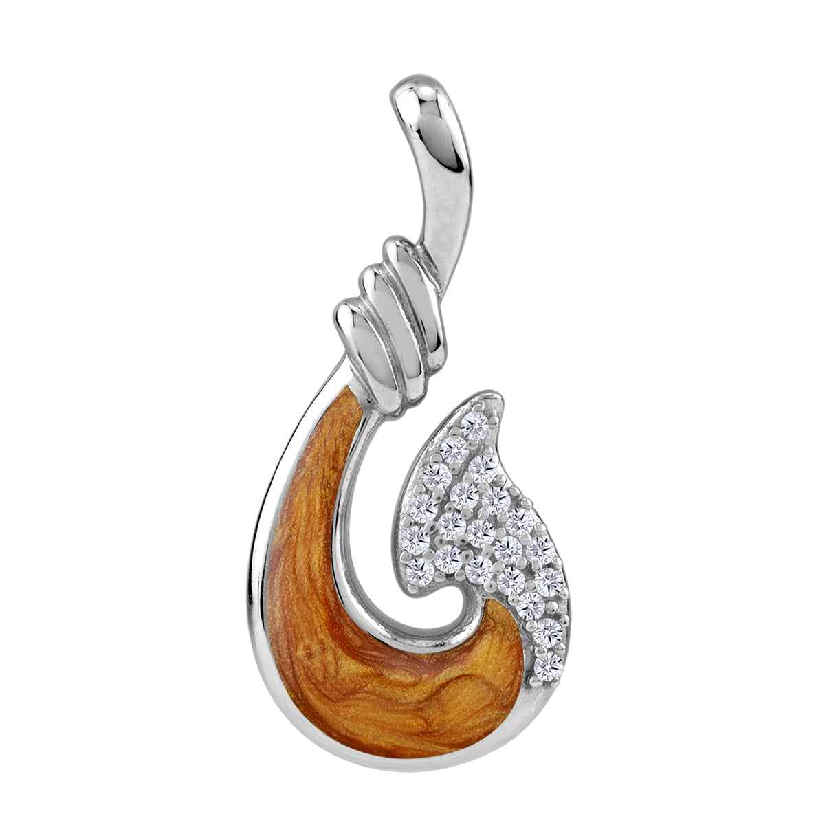 Cubic Zirconia and Brown Enamel White Gold Plated 925 Sterling Silver Maori Koru Fern Fashion Pendant