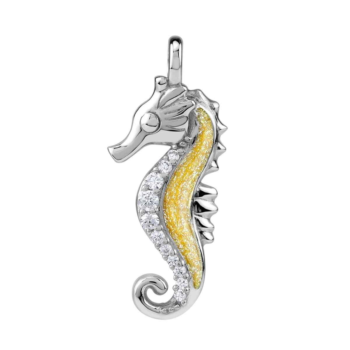Cubic Zirconia and Yellow Enamel White Gold Plated 925 Sterling Silver Seahorse Sealife Casual Pendant
