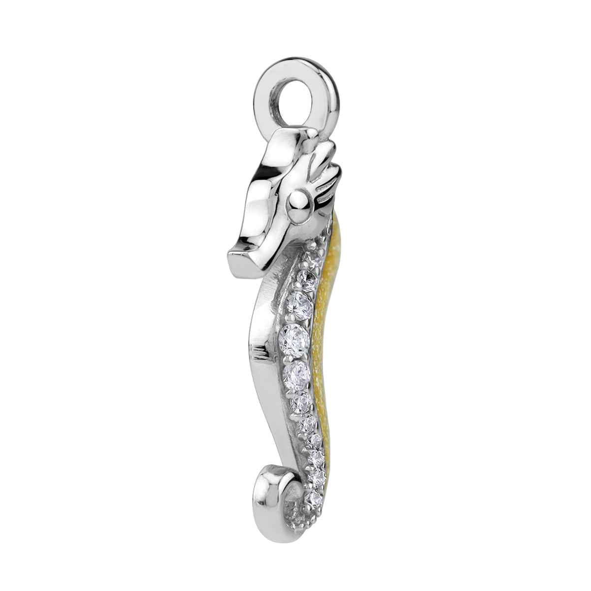 Cubic Zirconia and Yellow Enamel White Gold Plated 925 Sterling Silver Seahorse Sealife Casual Pendant