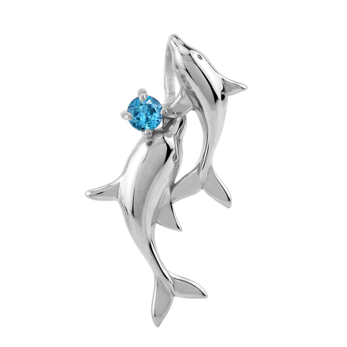 Genuine Round Shape London Blue Topaz White Gold Plated 925 Sterling Silver Twin Dolphin Sealife Casual Pendant