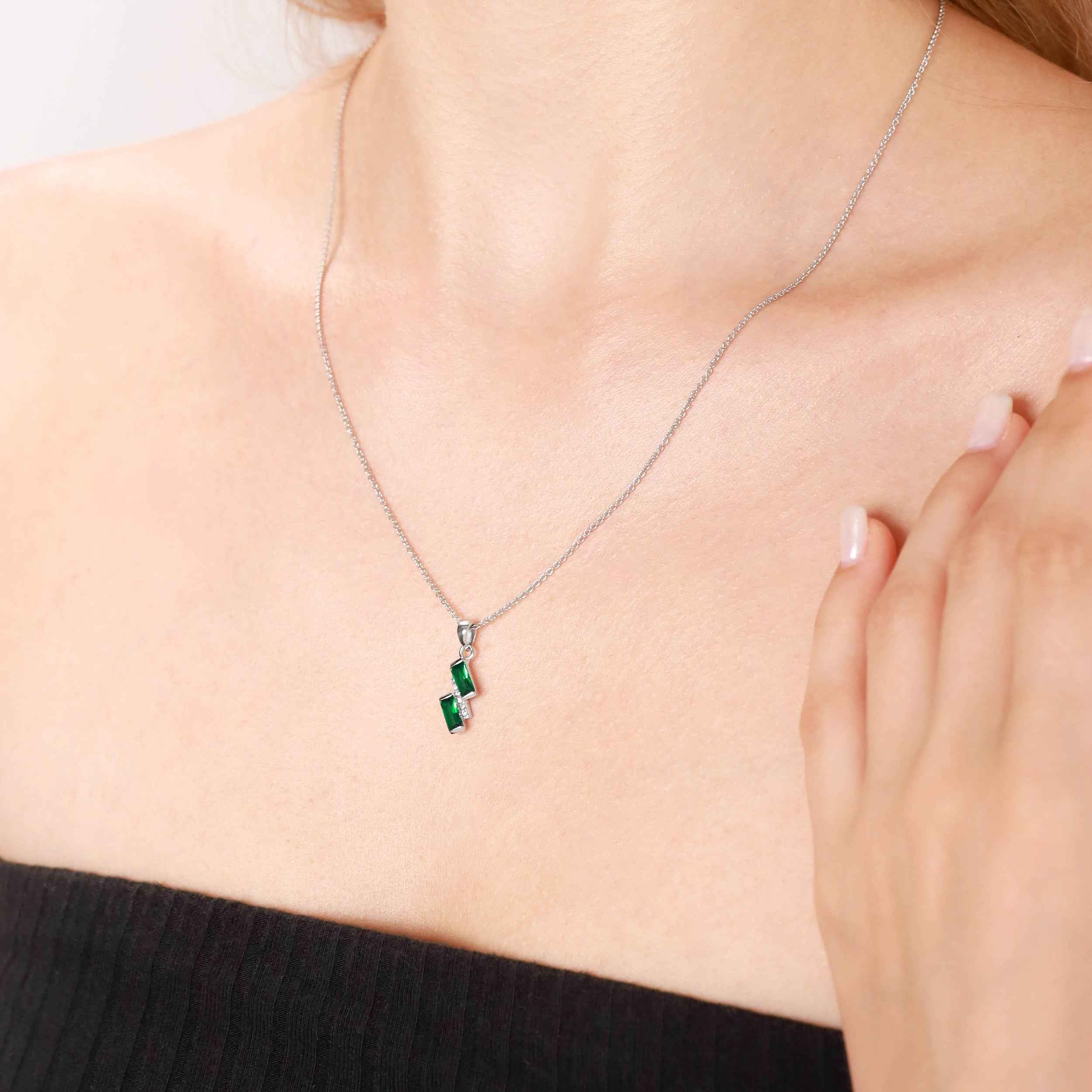 Baguette Shape Created Nano Green Emerald White Gold Plated 925 Sterling Silver Minimalist Trendy Chic Geometric Pendant