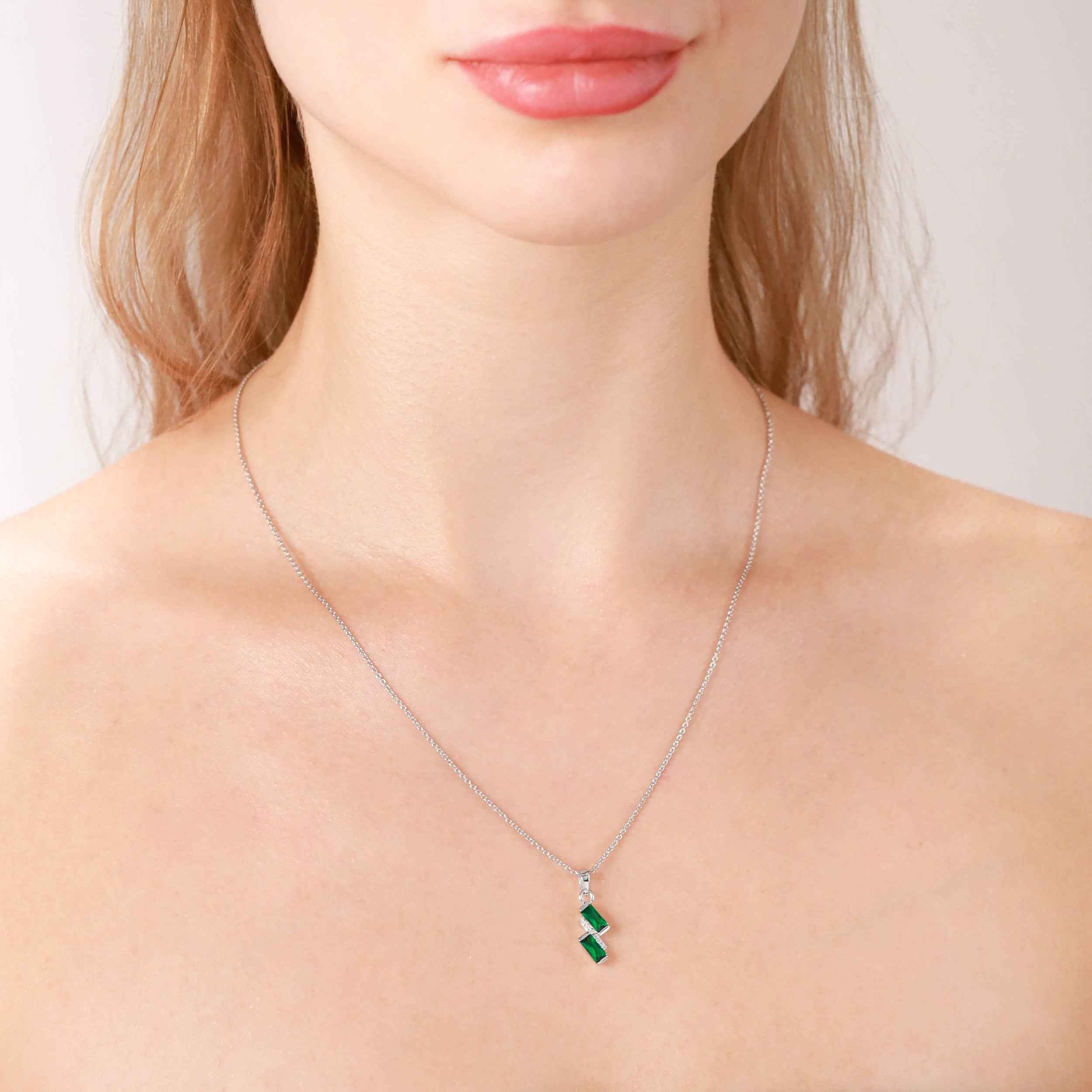 Baguette Shape Created Nano Green Emerald White Gold Plated 925 Sterling Silver Minimalist Trendy Chic Geometric Pendant
