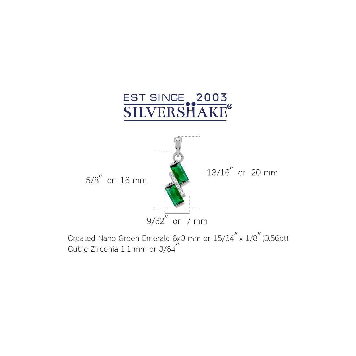 Baguette Shape Created Nano Green Emerald White Gold Plated 925 Sterling Silver Minimalist Trendy Chic Geometric Pendant