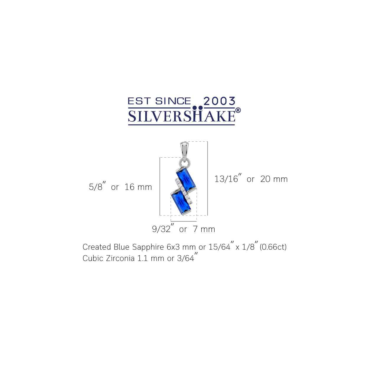Baguette Shape Created Blue Sapphire White Gold Plated 925 Sterling Silver Minimalist Trendy Chic Geometric Pendant