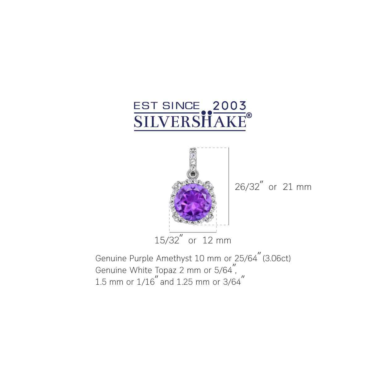 3.06 CTW 10MM Genuine Round Shape Purple Amethyst and Topaz White Gold Plated 925 Sterling Silver Halo Casual Pendant February Gemstone Birthstone Jewelry for Women