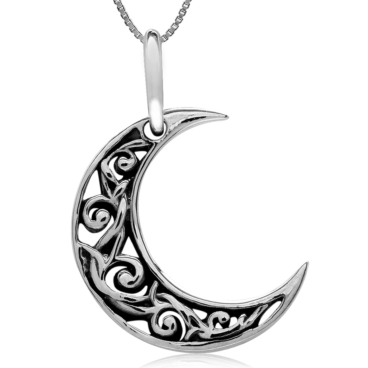 925 Sterling Silver Waning Crescent Moon Filigree Pendant with 1mm 18" Venetian Box Chain Necklace silvershake