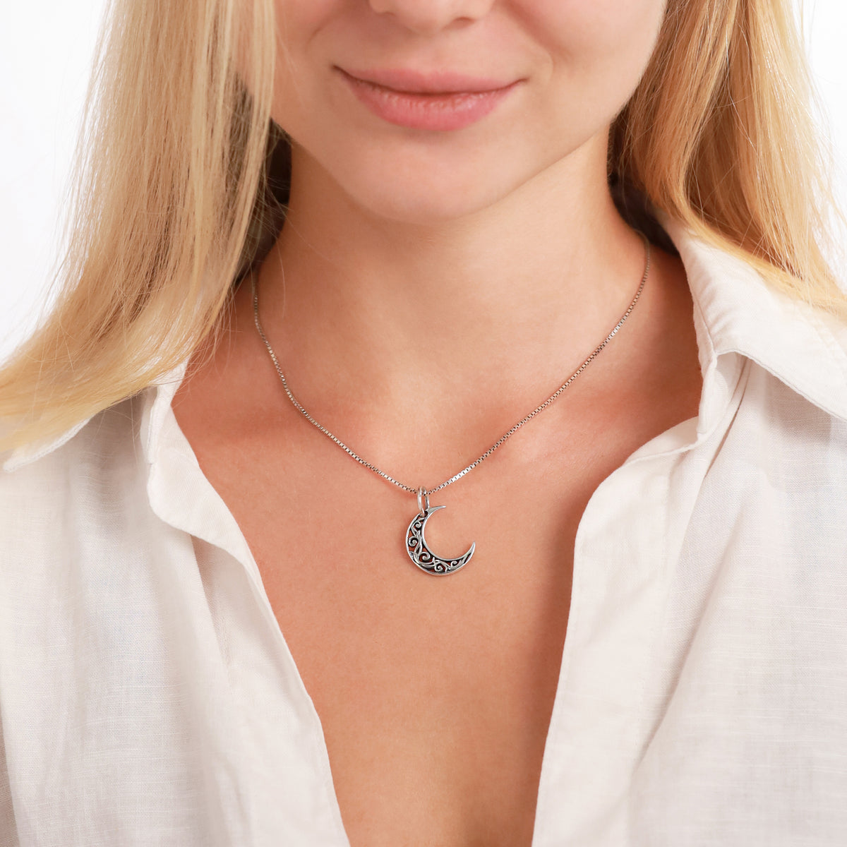 925 Sterling Silver Waning Crescent Moon Filigree Pendant with 1mm 18" Venetian Box Chain Necklace silvershake
