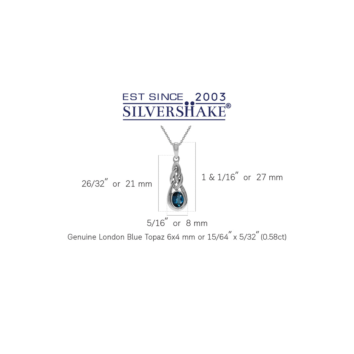 Genuine London Blue Topaz 925 Sterling Silver Celtic Knot Pendant w/ 18 Inch Chain Necklace silvershake
