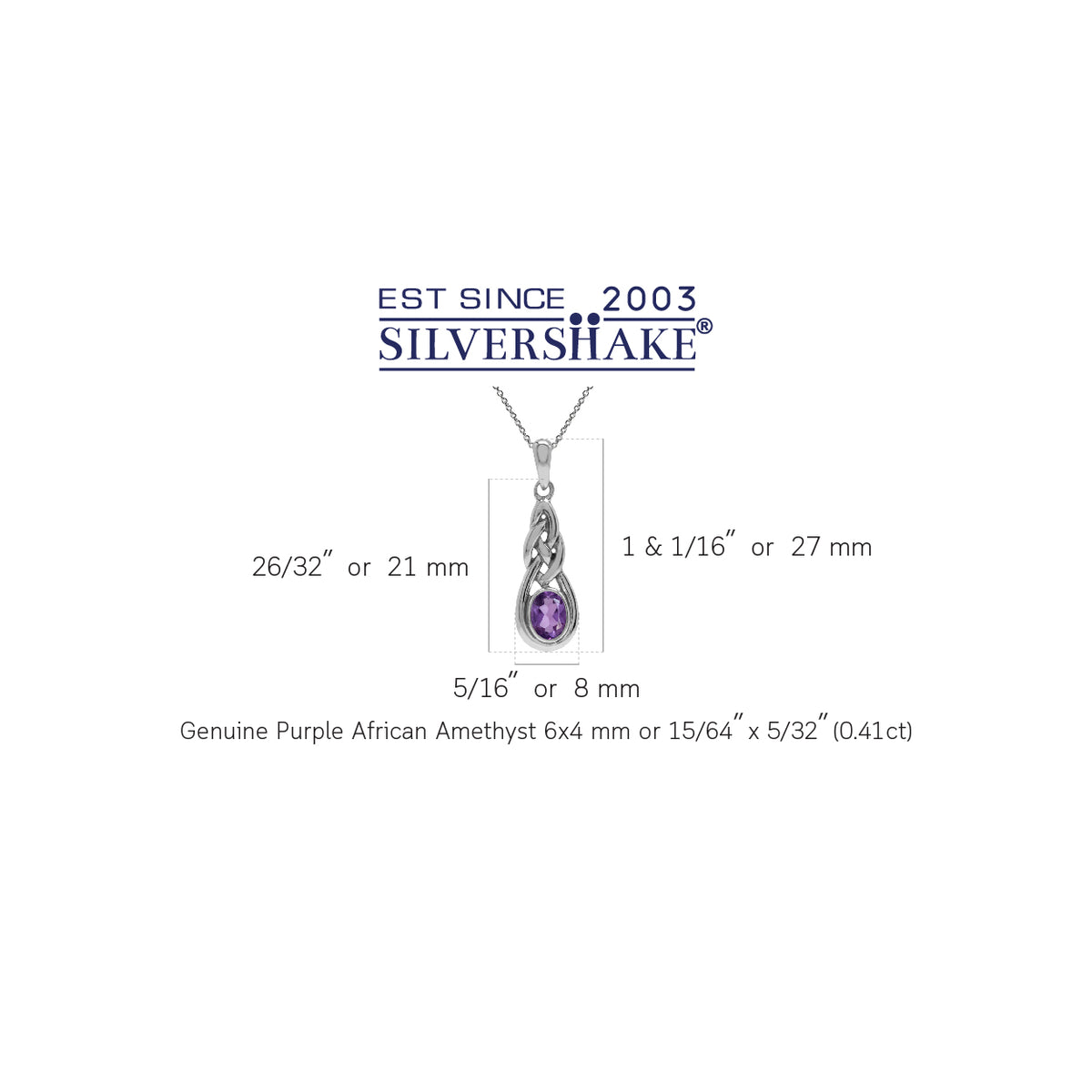 Natural African Amethyst 925 Sterling Silver Celtic Knot Pendant w/ 18 Inch Chain Necklace silvershake