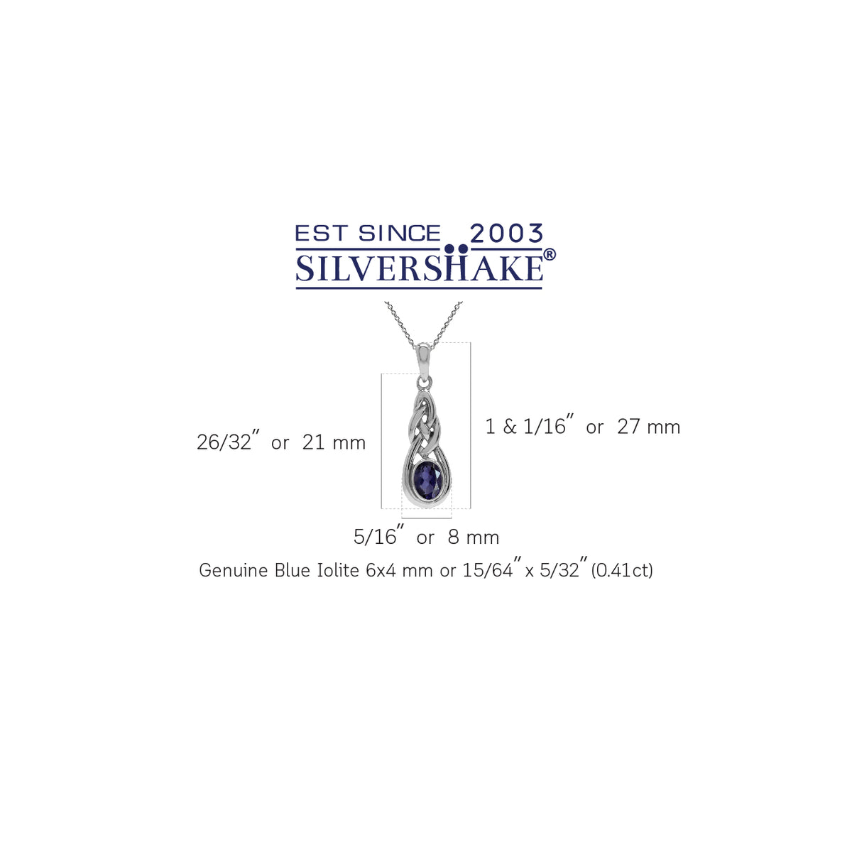 Natural Iolite White Gold Plated 925 Sterling Silver Celtic Knot Pendant w/ 18 Inch Chain Necklace silvershake