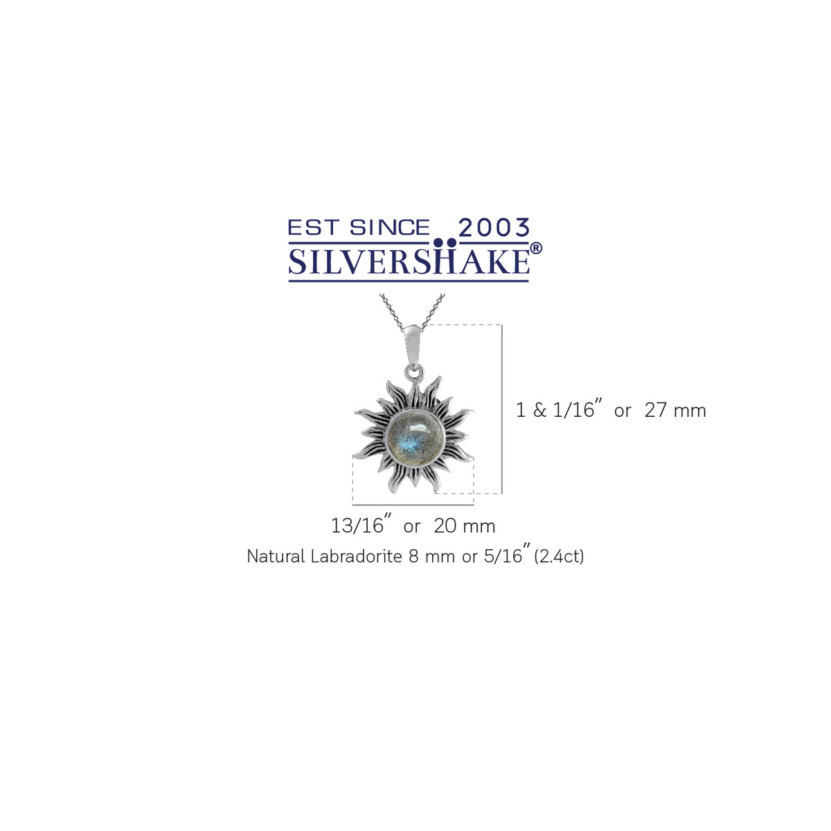 Labradorite 925 Sterling Silver Sun Ray Inspired Pendant w/ 18 Inch Chain Necklace silvershake