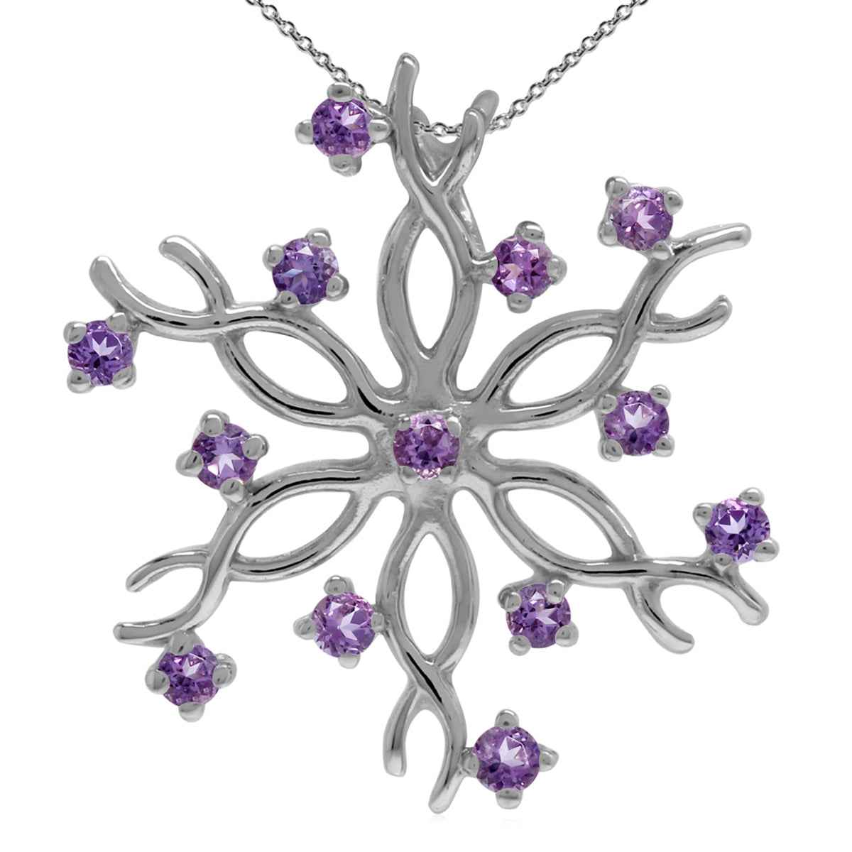 Natural Amethyst 925 Sterling Silver Snowflake Pendant with 18 Inch Chain Necklace