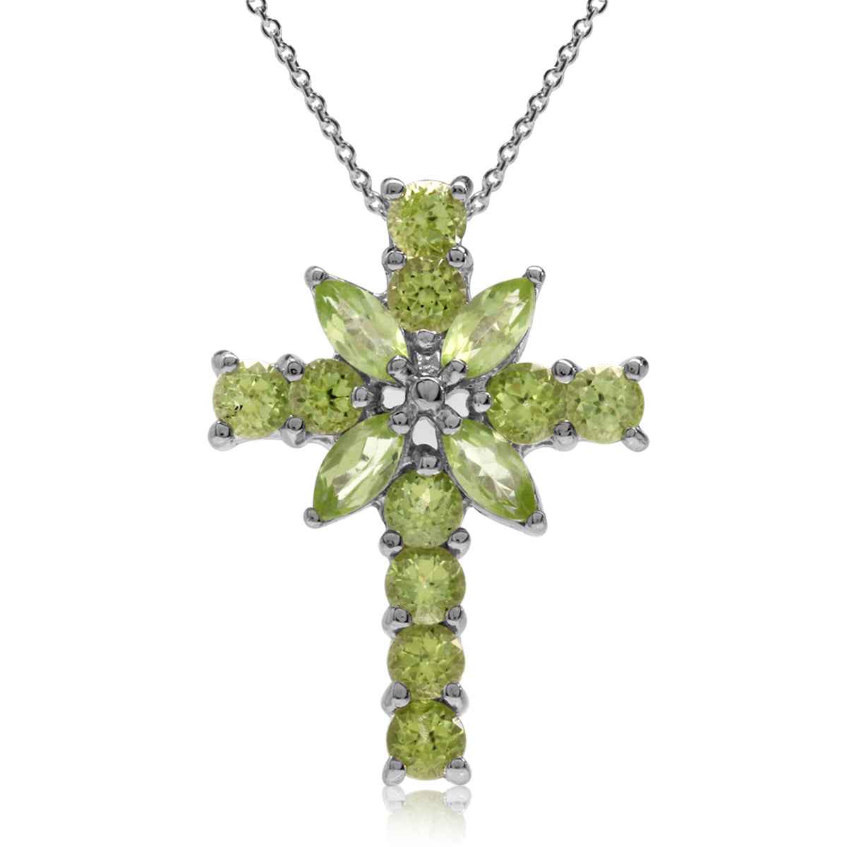 1.06ct. Natural Peridot White Gold Plated 925 Sterling Silver Cross Pendant with 18 Inch Chain Necklace