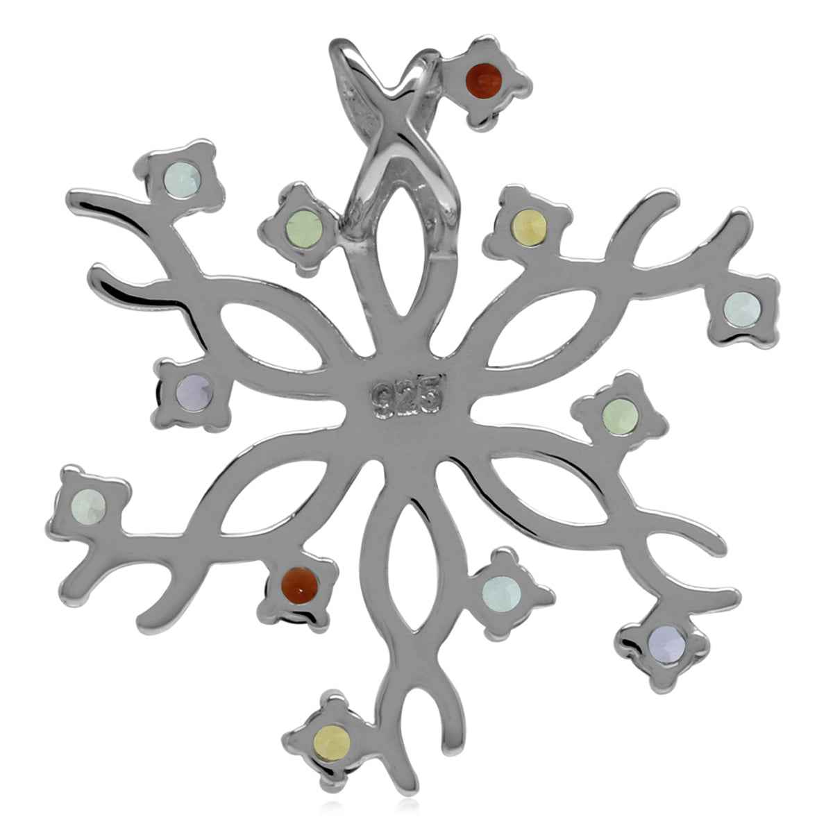 Natural Multi Colored 925 Sterling Silver Snowflake Pendant with 18 Inch Chain Necklace