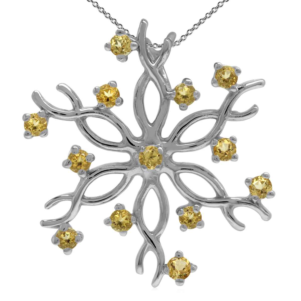 Natural Citrine 925 Sterling Silver Snowflake Pendant with 18 Inch Chain Necklace
