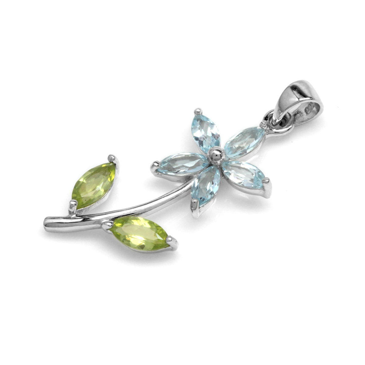 Genuine Blue Topaz & Green Peridot 925 Sterling Silver Flower Leaf Pendant w/ 18 Inch Chain Necklace silvershake