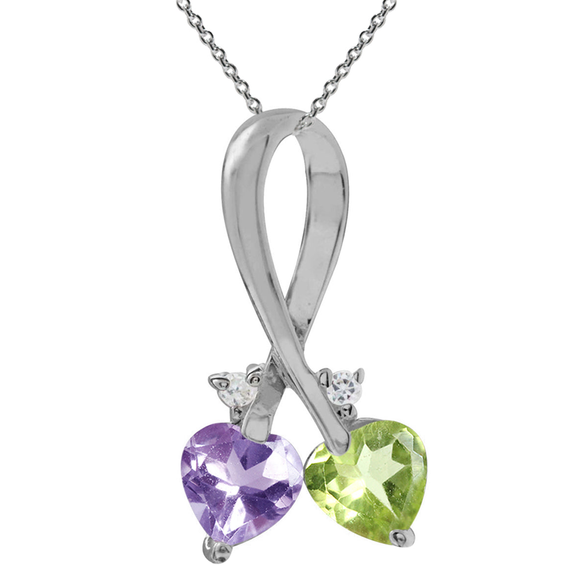 Natural Peridot, Amethyst & Topaz 925 Sterling Silver Twin Heart Pendant w/ 18 Inch Chain Necklace silvershake