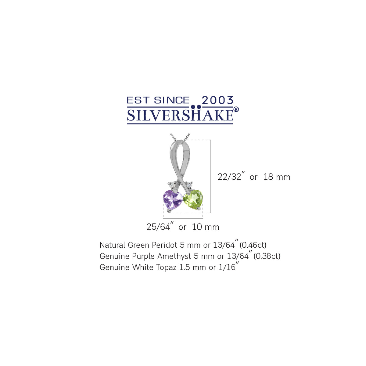 Natural Peridot, Amethyst & Topaz 925 Sterling Silver Twin Heart Pendant w/ 18 Inch Chain Necklace silvershake