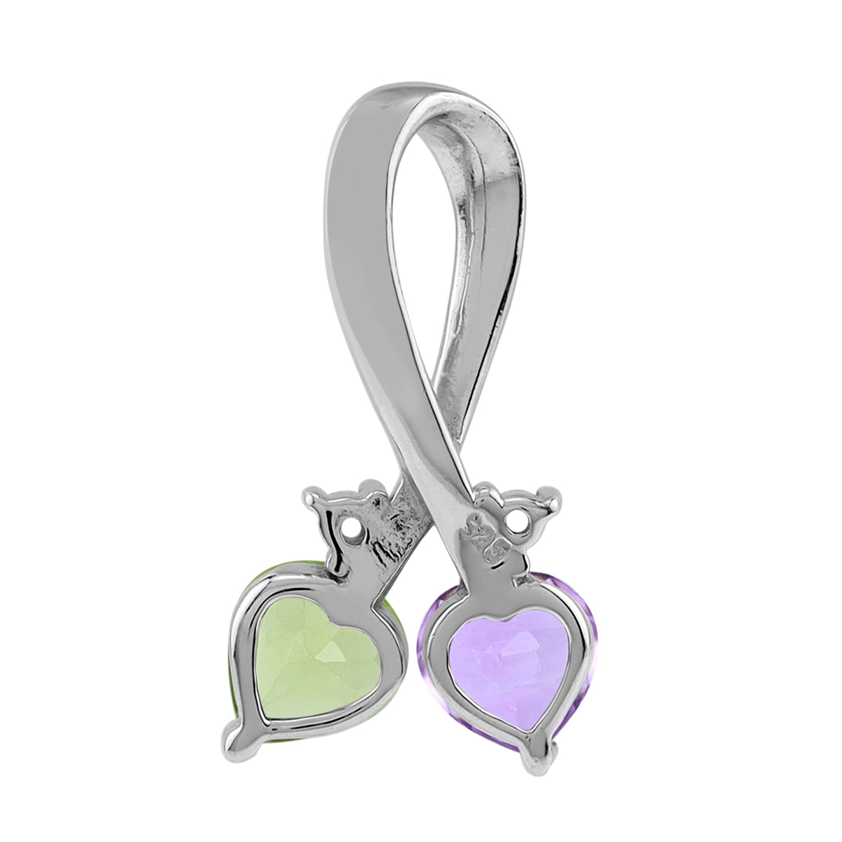 Natural Peridot, Amethyst & Topaz 925 Sterling Silver Twin Heart Pendant w/ 18 Inch Chain Necklace silvershake