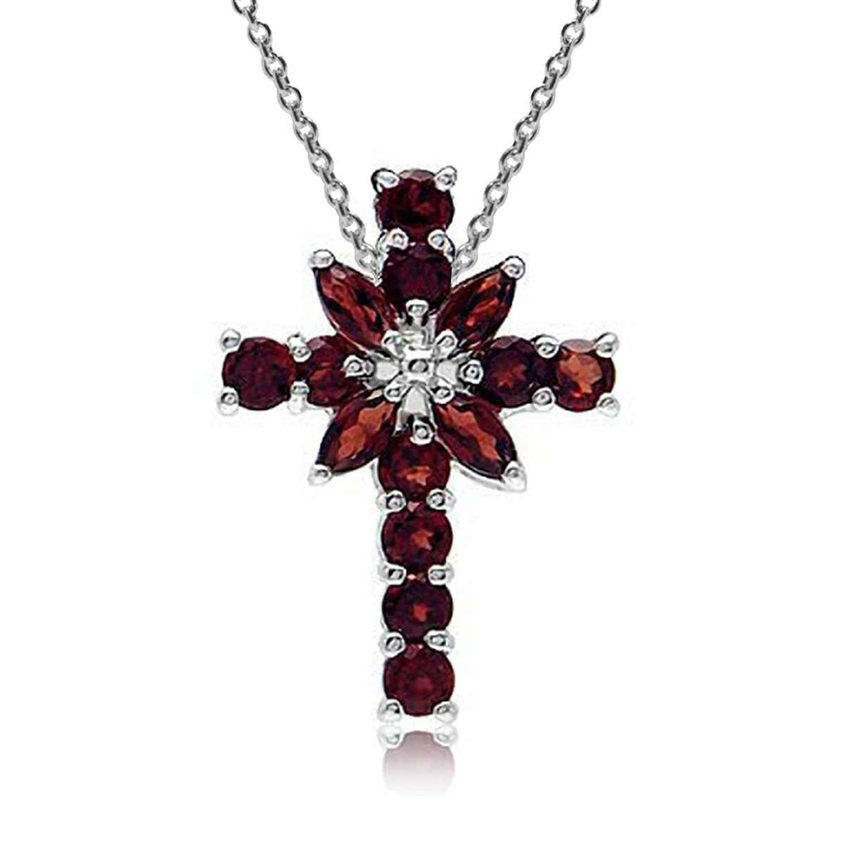 1.2ct. Natural Garnet White Gold Plated 925 Sterling Silver Cross Pendant with 18 Inch Chain Necklace