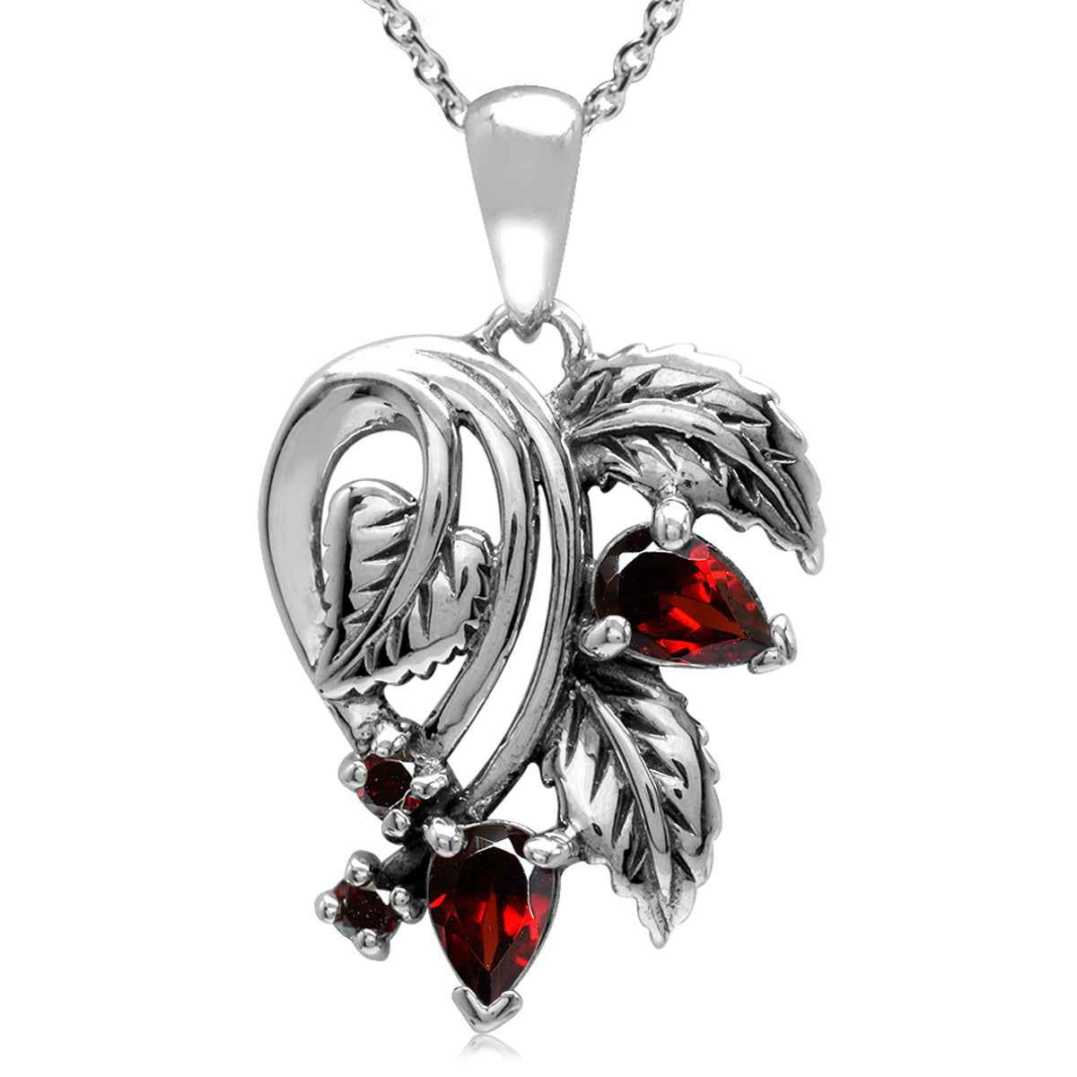 1.16ct. Natural Garnet 925 Sterling Silver Leaf Vintage Style Pendant with 18 Inch Chain Necklace