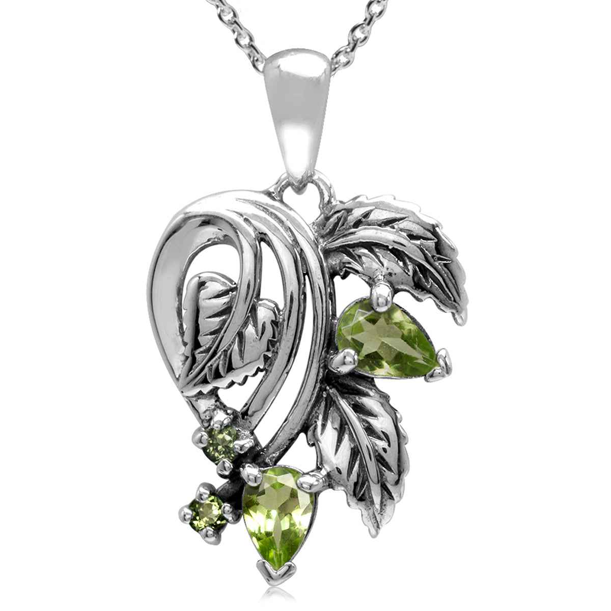 Natural Peridot 925 Sterling Silver Leaf Vintage Style Pendant with 18 Inch Chain Necklace