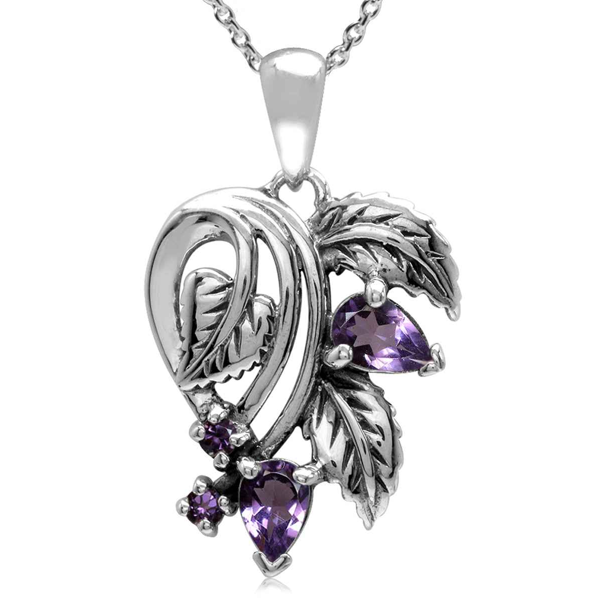Natural Amethyst 925 Sterling Silver Leaf Vintage Style Pendant with 18 Inch Chain Necklace