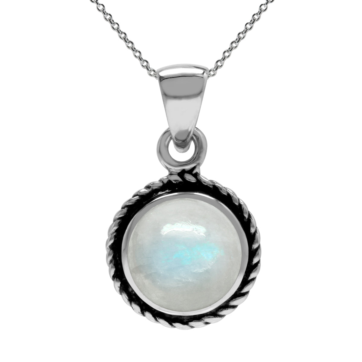 Natural Moonstone 925 Sterling Silver Rope Solitaire Pendant w/ 18 Inch Chain Necklace silvershake