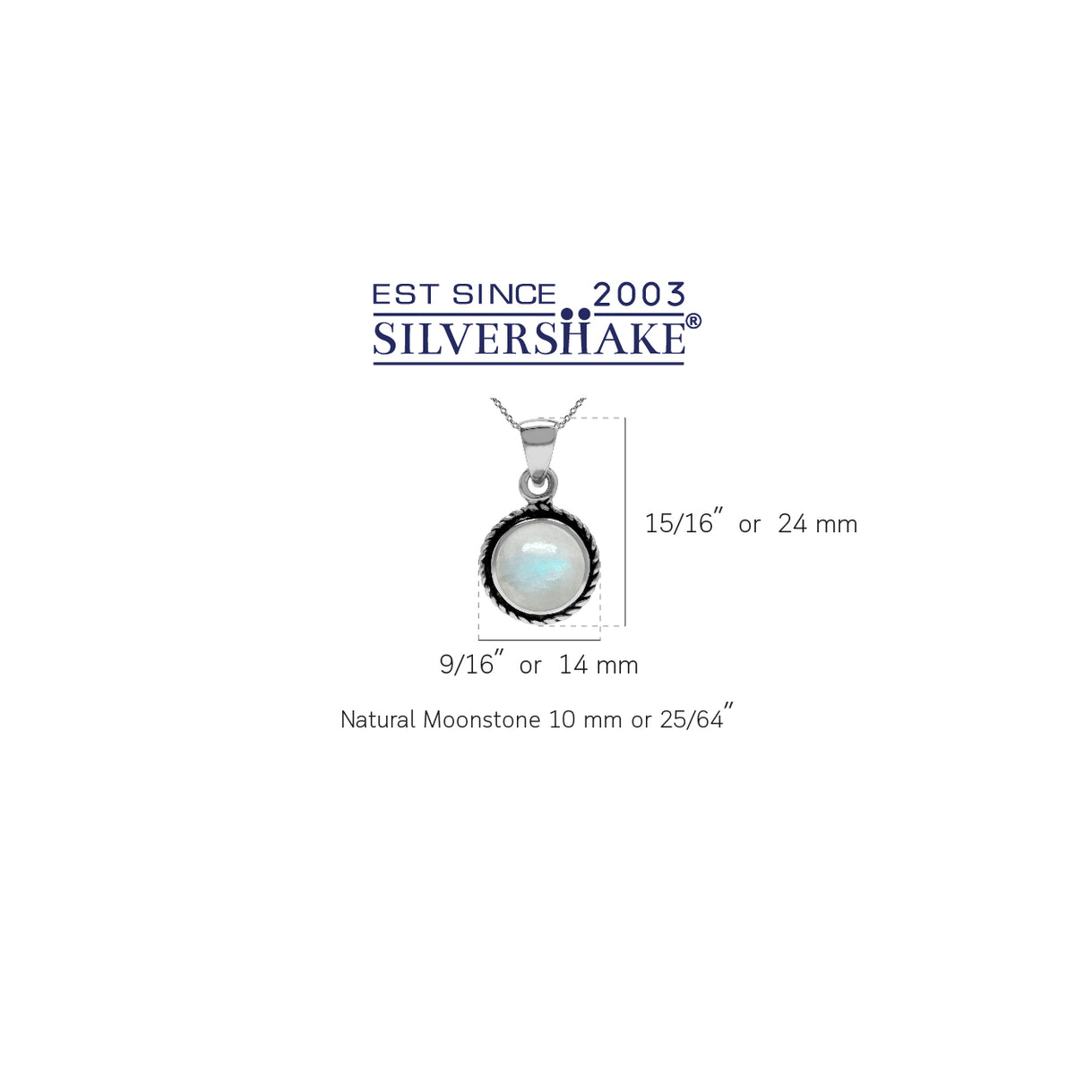 Natural Moonstone 925 Sterling Silver Rope Solitaire Pendant w/ 18 Inch Chain Necklace silvershake