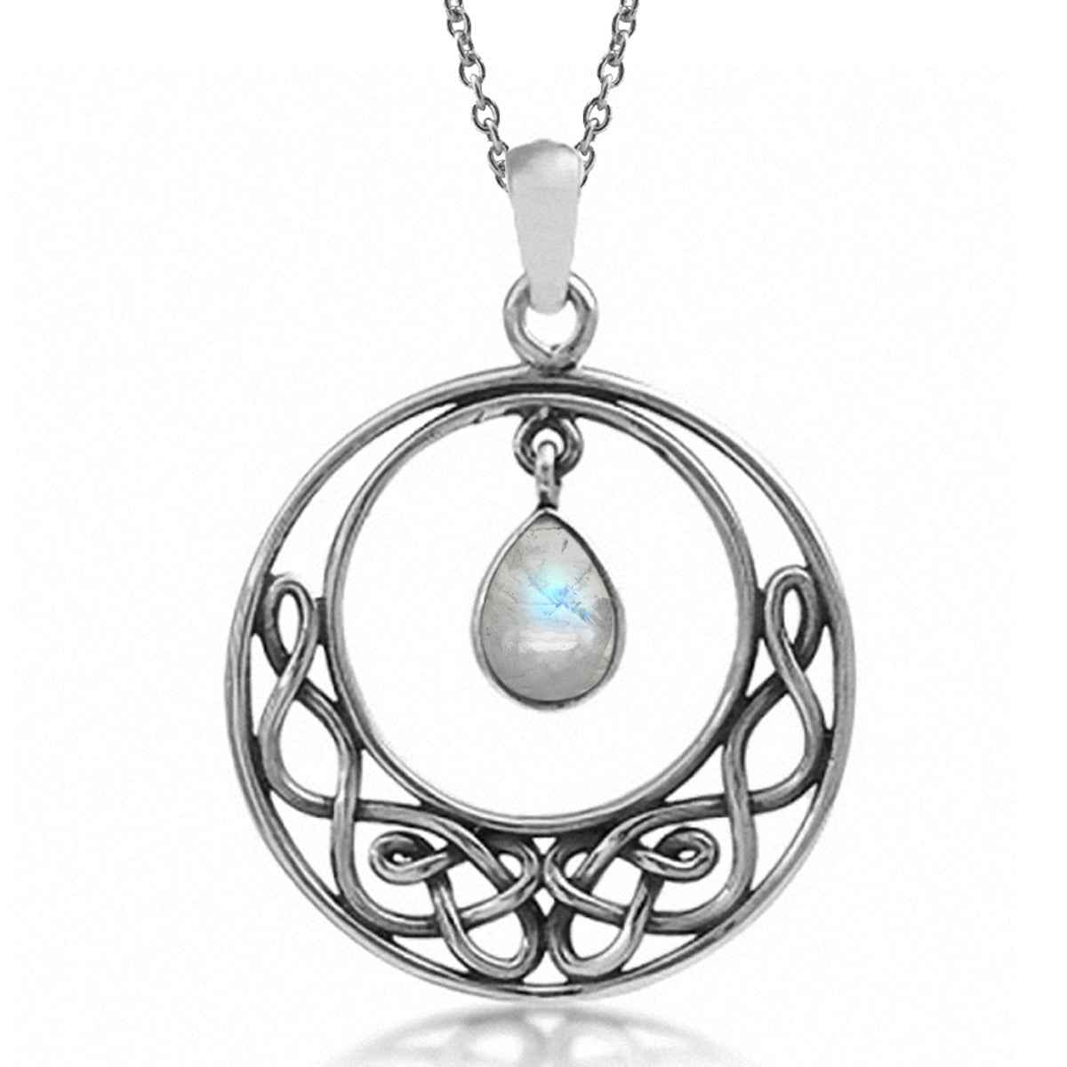 Natural Moonstone 925 Sterling Silver Celtic Knot Drop Dangle Pendant with 18 Inch Chain Necklace