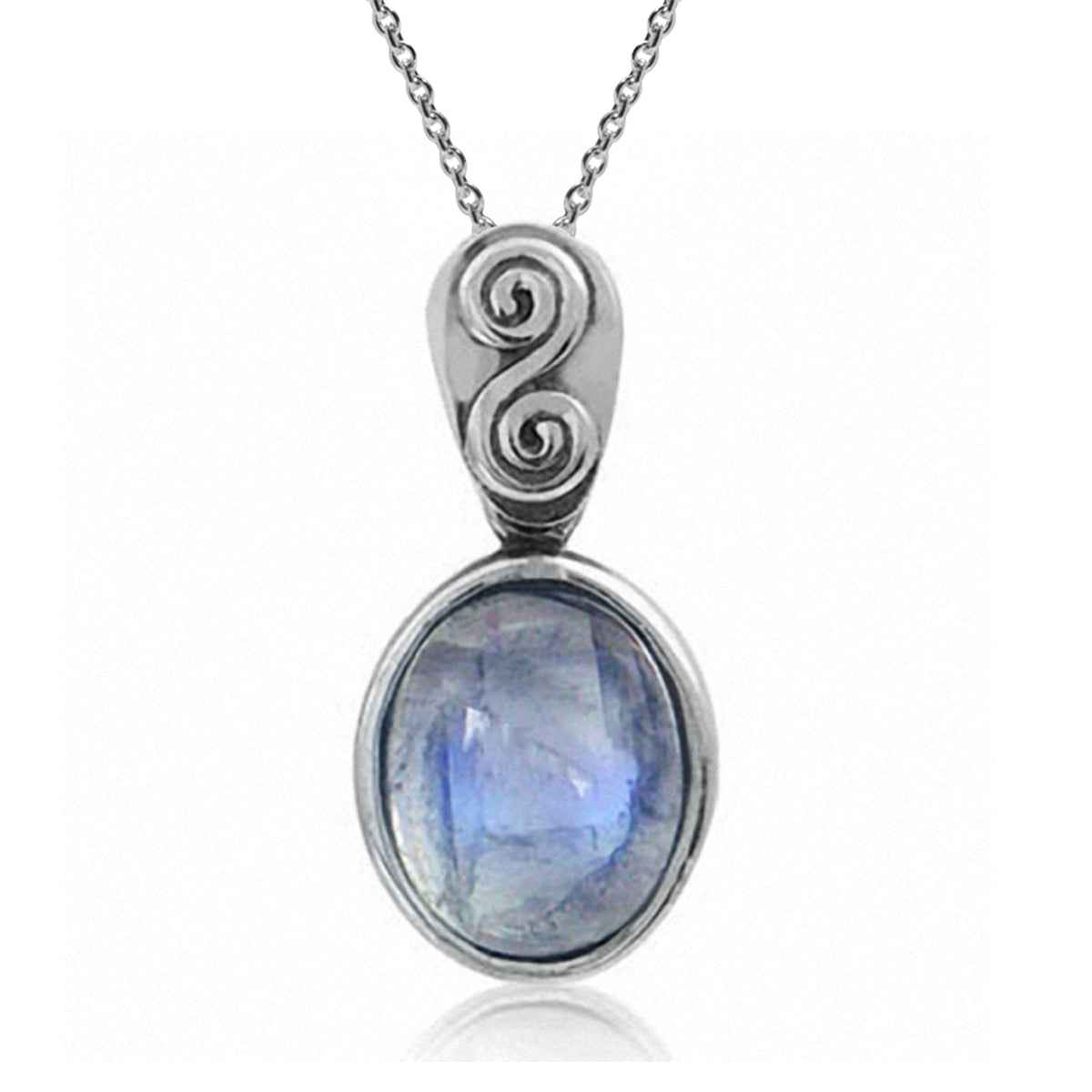 Natural Moonstone 925 Sterling Silver Swirl and Spiral Solitaire Pendant with 18 Inch Chain Necklace