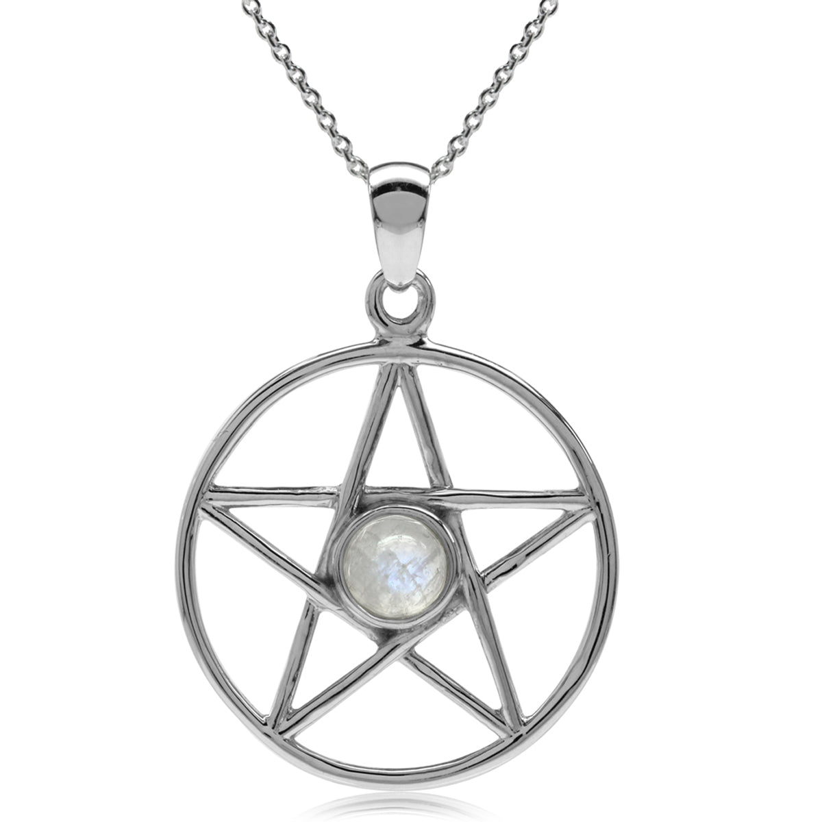 Natural Moonstone 925 Sterling Silver Wiccan Pentagram Star Pendant w/ 18 Inch Chain Necklace silvershake