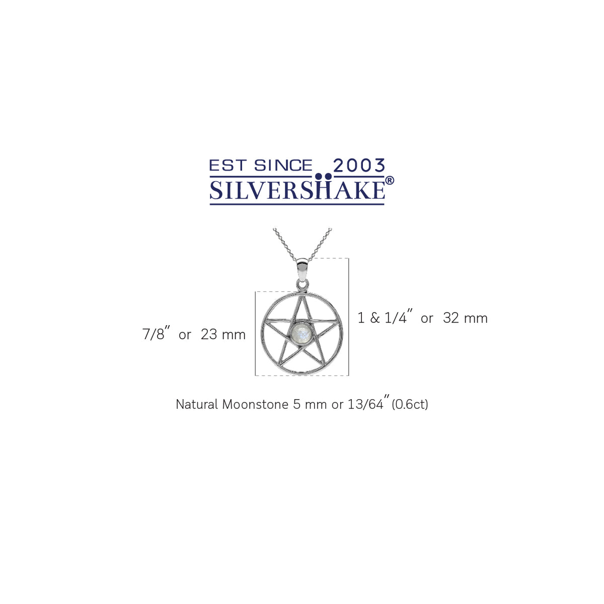 Natural Moonstone 925 Sterling Silver Wiccan Pentagram Star Pendant w/ 18 Inch Chain Necklace silvershake