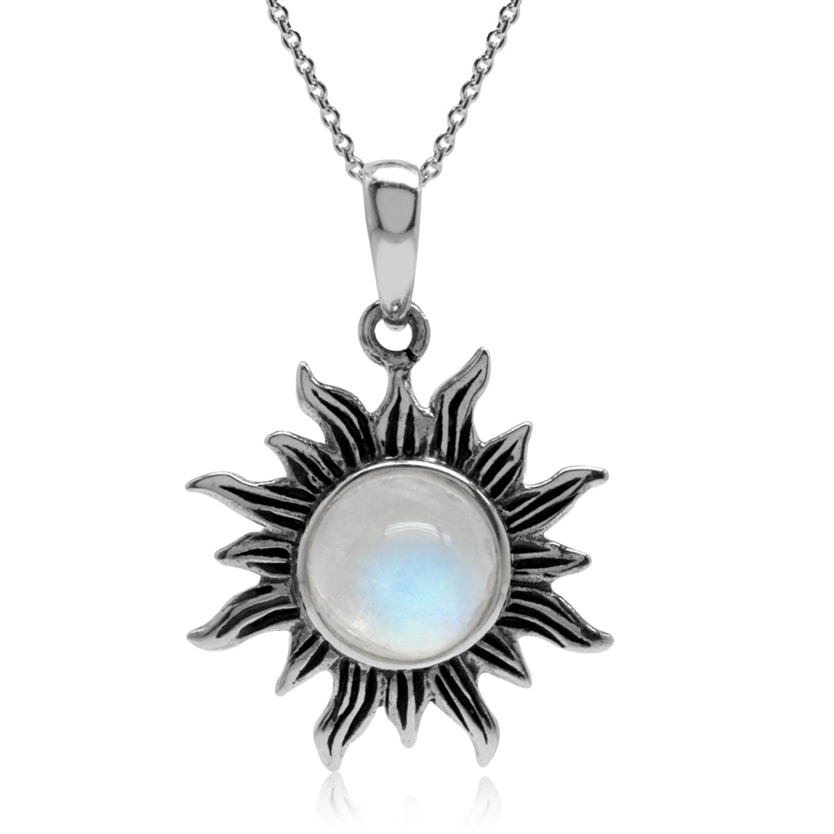 Natural Moonstone 925 Sterling Silver Sun Ray Inspired Pendant w/ 18 Inch Chain Necklace silvershake