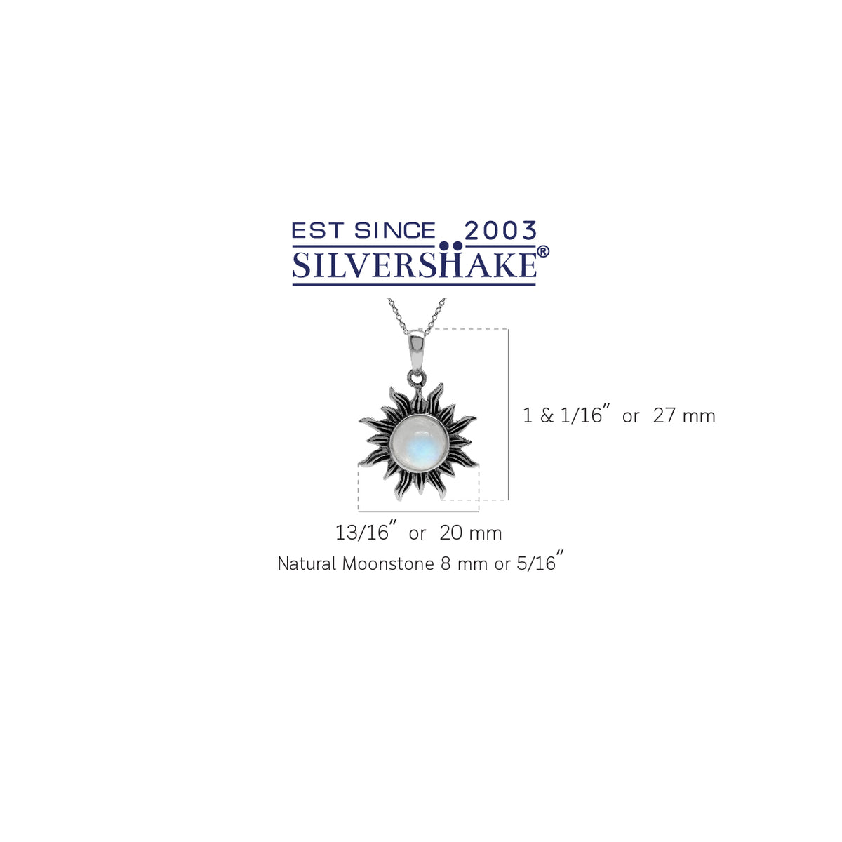 Natural Moonstone 925 Sterling Silver Sun Ray Inspired Pendant w/ 18 Inch Chain Necklace silvershake